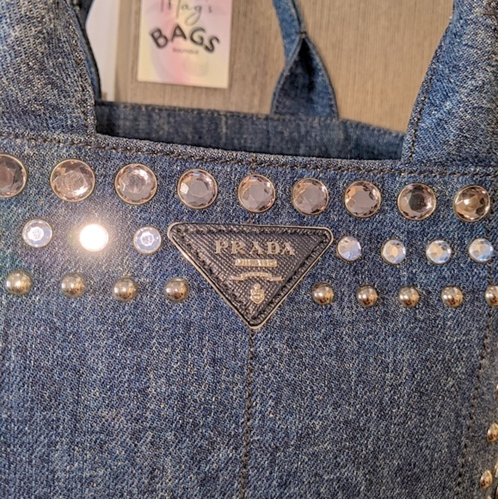 Prada: Denim Rhinestone Bijoux Canapa Crossbody Tote Bag ๐ - Picture 7 of 17